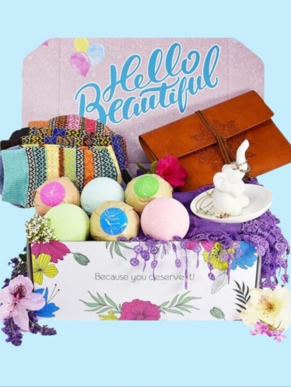 Spa Box : 6 Big Bath Bombs,Elephant Ring Holder, Scarf, 3 Socks & Journal